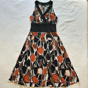2000s Y2K Connected Apparel Orange & Black Sleeveless V Neck Midi‎ Dress Sz 10